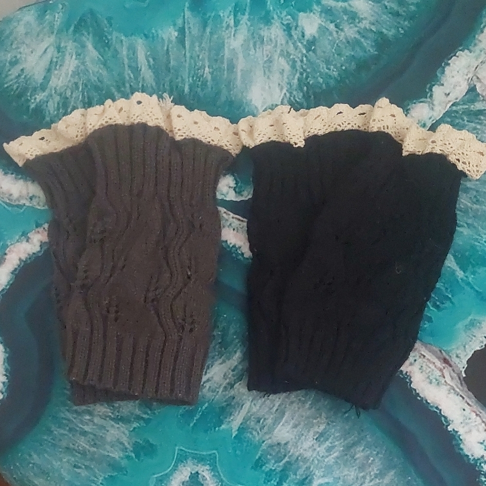 Elegant Black and Brown Women's Boot Cuff Toppers with Lace Trim #0187B